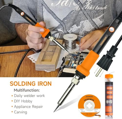 TOWOT Soldering Iron Kit, Electronic Soldering Iron 60W Adjustable Temperature, Deoldering Pump, Tin Wire, Solder Wick, Tweezers, Soldering Iron Tips Set, Soldering Iron Stand, Wire Strippers - style: Set D