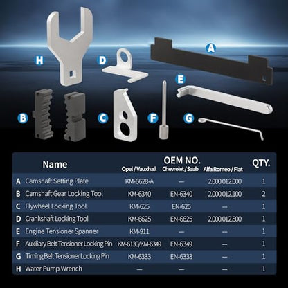 9PCS Engine Camshaft Tensioning Alignment Locking Timing Tool Kit, with Water Pump Wrench, Compatible with Chevy Cruze Aveo Alfa Romeo Fiat Vauxhall Opel Saab 16V 1.4 1.6 1.8