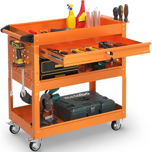 3-Tier Rolling Utility Cart, Metal Tool Cart on Wheels with Lockable-Orange | 330 lb. Load Capability Heavy Duty Tool Cart with Drawers, Mechanic Tool Cart for Garage, Warehouse, Repair Shop - color: Orange