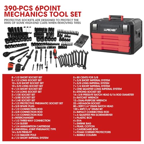 LLNDEI Mechanics Tool Set and Socket Set, 1/4" 3/8" 1/2" Drive Deep and Standard Sockets 12 Point, 390 Pcs SAE and Metric Mechanic Tool Kit with Bits, Combination Wrench