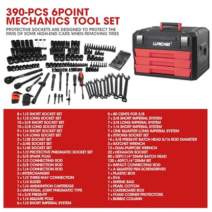 LLNDEI Mechanics Tool Set and Socket Set, 1/4" 3/8" 1/2" Drive Deep and Standard Sockets 12 Point, 390 Pcs SAE and Metric Mechanic Tool Kit with Bits, Combination Wrench