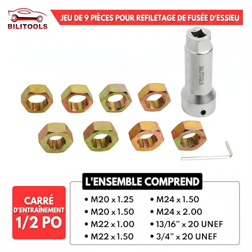 BILITOOLS 10-Piece Axle Spindle and Wheel Stud Thread Chaser Set | Includes M20x1.25, M20x1.5, M22x1.0, M22x1.5, M24x1.5, M24x2.0, 13/16"-20 and 3/4"-20 UNF, 27 mm Extension Bar and Case