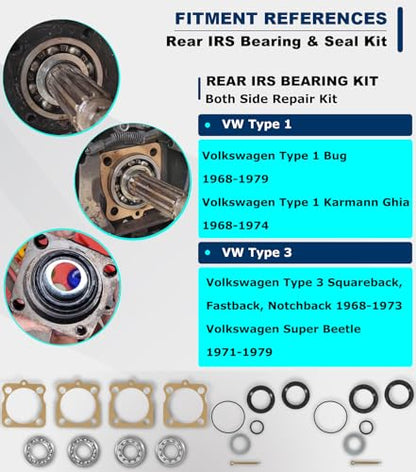 VW Type 1 Rear IRS Bearing Kit with Seals Both Rear IRS Swing Axles Bearing Seal Kit for Vw Volkswagen Type 1 Bug/GHIA 1968-1979, Type 3 Squareback, Fastback, Notchback, Super Beetle