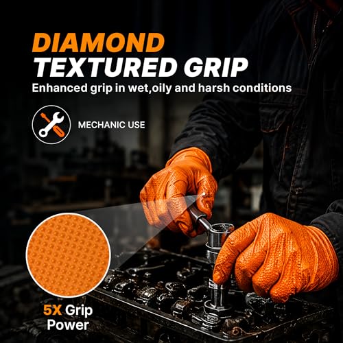 TitanFlex Heavy Duty Industrial Orange Nitrile Gloves, 8-mil, Gloves Disposable Latex Free with Raised Diamond Texture Grip, Powder Free, Rubber Glove, Mechanic Gloves,100-ct Box (Medium) - color: 02 8mil (100ct), size: Medium