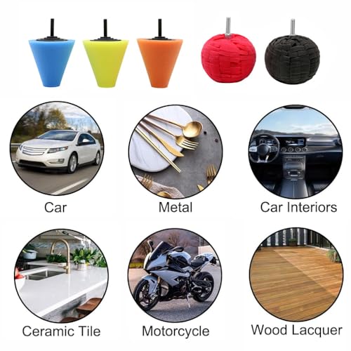 6PCS Polishing Cone, Car Wheel Hub Drill Buffing Polishing Kits, 2 Sponge Balls + 4 Sponge Cones, for Car Care, Chrome, Rims, Metal and Glass