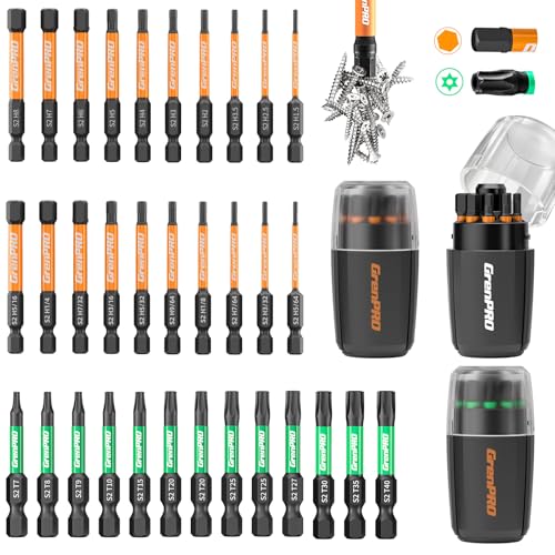 GRENPRO 33Pcs Impact Screwdriver Bits Set, 2" Allen Wrench & Torx Drill Bit Set (SAE & Metric), S2 Steel Magnetic 1/4" Hex-Shank CNC Machined Bit Set with Storage Box for Automotive DIY & Home Repair - size: 33pcs(Trox&Metric&SAE)