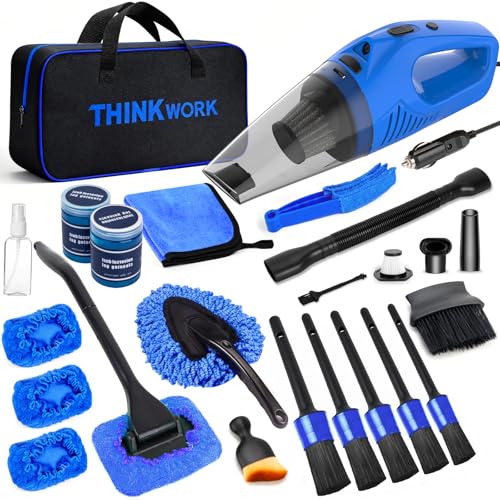 THINKWORK Car Cleaning Kit Car Detailing Kit,Car Cleaning Kit Interior Cleaner with High Power Blue Handheld Vacuum Cleaner,Brush Sets,Windshield Cleaner and Storage Bag,Car Accessories,Car Gift Set - color: Blue