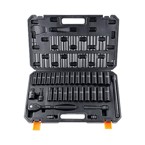 VEVOR Impact Socket Set 1/2" Drive, 33-Piece SAE (3/8 to 1 inch) & Metric (10 to 24 mm) Size, CR-V, 6 Point Standard Deep Socket Set with Extension Bar, Universal Joint, Adapter, Reducer - style: 1/2" 33PCS