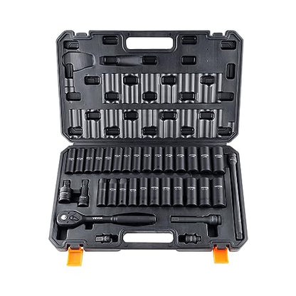 VEVOR Impact Socket Set 1/2" Drive, 33-Piece SAE (3/8 to 1 inch) & Metric (10 to 24 mm) Size, CR-V, 6 Point Standard Deep Socket Set with Extension Bar, Universal Joint, Adapter, Reducer - style: 1/2" 33PCS