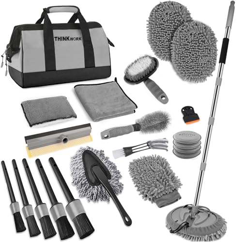 THINKWORK Car Wash Kit, 62'' Car Washing Brush with Long Handle, Extendable Car Wash Brush Mop with 2-in-1 Windshield Squeegee and 9Pcs Detailing Brushes, Gray Car Detailing Kit Gift for Men - size: 25 Count (Pack of 1)