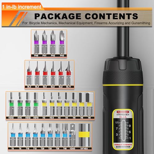Long Shank Torque Screwdriver Set, 1-11 Inch Pounds lbs, 32 Piece 1/4" Drive Torque Screwdriver Wrench with S2 Steel Bits for Bicycle Mechanics, Mechanical Equipment, and Mounting - size: 1-11inch L