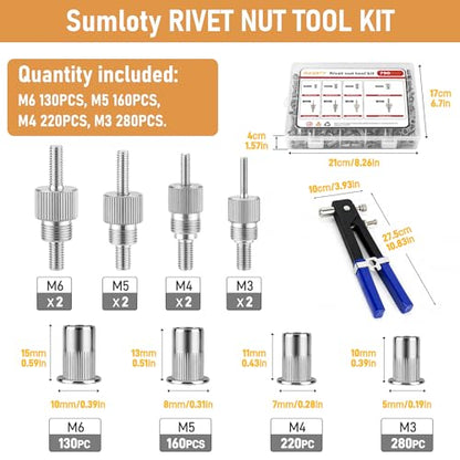 Rivet Nut Tool Kit, 790PCS Metric Stainless Steel Nutsert Assortment with Hand Rivet Nut Setter, M3/M4/M5/M6 Threaded Inserts, Portable Case for Automotive, Furniture & DIY Repairs - size: Metric 790PCS Stainless Steel Rivet Nut Tool Kit