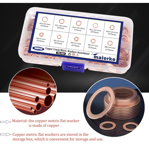 9 Sizes Metric Copper Crush Washers Assortment Kit Crush Washer Oil Drain Plug Crush Washer Assortment M5 M6 M8 M10 M12 M14 - size: 188PCS (M5-M14)