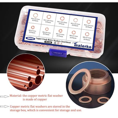 9 Sizes Metric Copper Crush Washers Assortment Kit Crush Washer Oil Drain Plug Crush Washer Assortment M5 M6 M8 M10 M12 M14 - size: 188PCS (M5-M14)