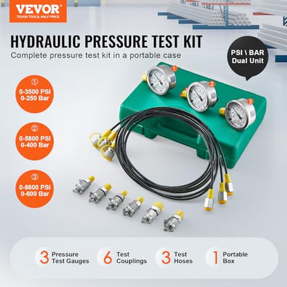 Hydraulic Pressure Test Kit, 250/400/600bar, 3 Gauges 6 Test Couplings 3 Test Hoses, Excavator Hydraulic Test Gauge Set with Portable Carrying Case for Excavator Tractors Construction Machinery | Excavator Hydraulic Test Gauge Set with Portable Carrying C