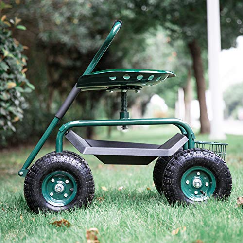 Kinfant Rolling Garden Cart Workseat – 360° Swivel Outdoor Garden Stool Cart with Wheels, Mobile Work Seat for Planting Weeding & Harvesting, Heavy Duty Gardening Seat with Storage Tray, Green - color: Green