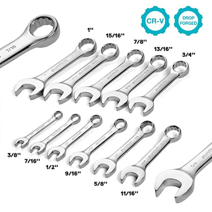 DURATECH Stubby Combination Wrench Set, SAE, 11-piece, 3/8'' to 1'', 12-Point, CR-V Steel, with Rolling Pouch - size: 11-Piece, SAE