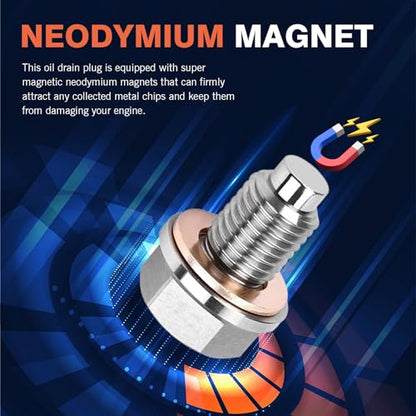 M12 x 1.25 Magnetic Oil Drain Plug, Magnetic Stainless Steel Oil Pan Drain Nut Bolt with 5 PCS Copper Crush Washer Anti Leakage, Universal Leak-proof Replacement,Fits Most Cars, Motorcycles, Boats - size: M12×1.25