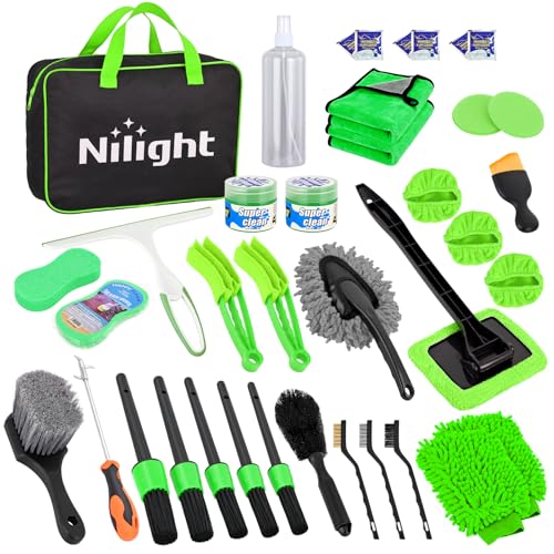 Nilight 37PCS Car Detailing Kit Auto Cleaning Tools Wash Set with Storage Carry Bag Home Use for Interior Exterior Deep Clean Car Care Windshield Dashboard Seat Air Vents Wheels Tires, Green - color: 37PCS Set, Green