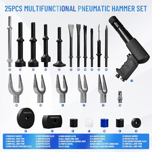 25PCS Multi-functional Pneumatic Hammer Piece Chisel Set, Air Hammer Kit, 2100 BPM Quick Change Retainer Air Hammer with Shovel Heads, Ball Joint Separator Set, Air hammer Bits (Blue) - color: Blue