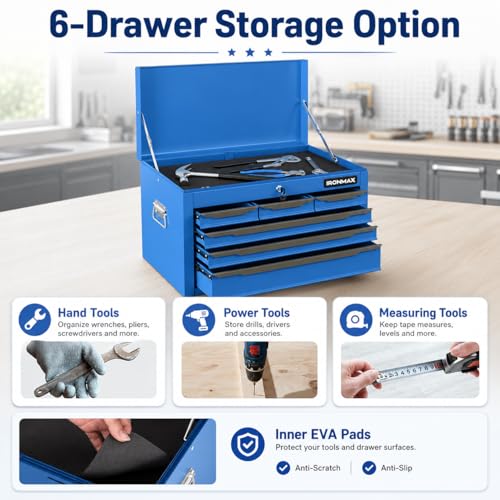 ARNOT Large Metal Tool Box, Tool Box with 6 Drawers & Top Tray, Heavy-Duty Steel Tool Chest with Auto-Locking Drawers and Side Handles for Garage & Workbench (Blue) - color: Blue