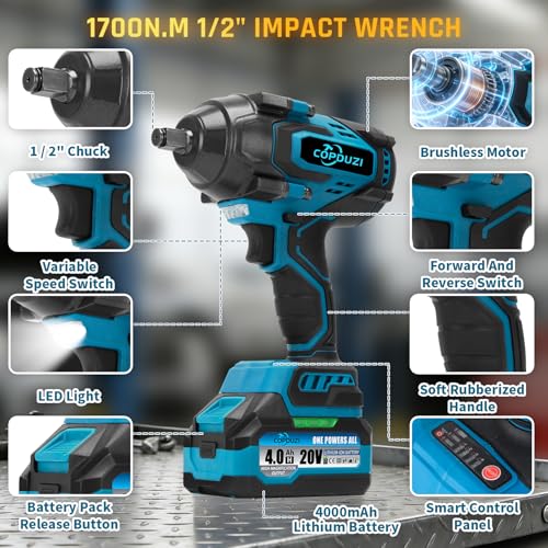 1700Nm 1/2" Cordless Impact Wrench, 1253 Ft-lbs Brushless Impact Gun, 20V High Torque Impact Driver with 2 x 4.0Ah Batteries 6 Sockets & Case, Pistola De Impacto for Home Car Tire Heavy Truck