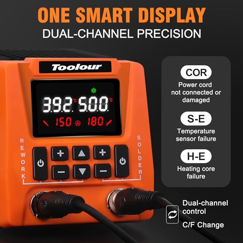 TOOLOUR 2-IN-1 851D Soldering Station, Iron Kit, 302°F-932°F Fast Heating, Hot Air Rework Desoldering Kits includes 9 Accessories, Dual Channel Control, 90-Level Airflow,ESD Save for SMD, PCB, DIY