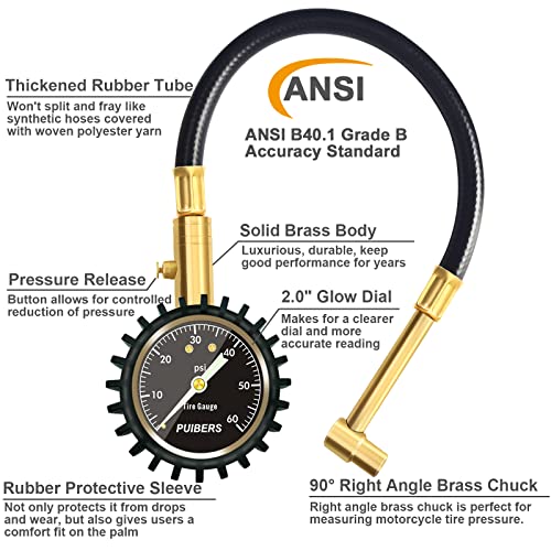 Motorcycle Tire Pressure Gauge 60 PSI, PUIBERS 2’’ dial Mechanical Tire Gauges with 90 Degree Right Angle Chuck Flexible Hose, Tires Guages for Pressure Glow in The Dark for Cars, Motos, Bicycles - size: 60PSI Motorcycle
