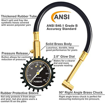 Motorcycle Tire Pressure Gauge 60 PSI, PUIBERS 2’’ dial Mechanical Tire Gauges with 90 Degree Right Angle Chuck Flexible Hose, Tires Guages for Pressure Glow in The Dark for Cars, Motos, Bicycles - size: 60PSI Motorcycle