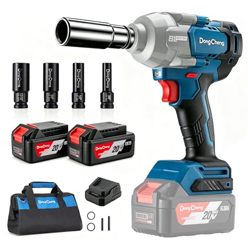 Dong Cheng 20V Brushless Impact Wrench, 670 ft-lbs (910N.m) Max Torque, 1/2 inch 4-Speed 2200RPM Cordless Impact Gun with Tool Bag, 2x4.0Ah Battery & Charger for Bolts on Cars, Trucks.etc - style: 2x4.0Ah Batteries
