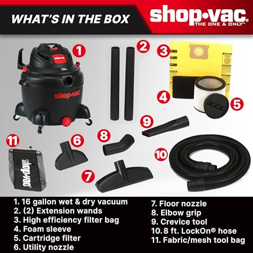 Shop-Vac 8252605 16 Gallon, Wet/Dry Utility Vacuum, 6.5 Peak HP, 2.5 Inch Diameter x 8 Foot Hose, 12 Foot Cord, Durable Design for Heavy-Duty Cleaning