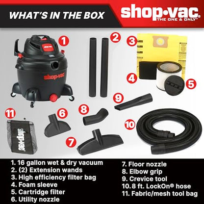 Shop-Vac 8252605 16 Gallon, Wet/Dry Utility Vacuum, 6.5 Peak HP, 2.5 Inch Diameter x 8 Foot Hose, 12 Foot Cord, Durable Design for Heavy-Duty Cleaning