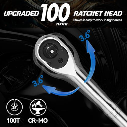 DISEN 3-Piece Standard Ratchet Set – 1/4", 3/8", 1/2" Drive with EVA Storage Tray | 100-Tooth Ratchet, Non-Slip Grip, Quick Release Button | Reversible Design with 3.6° Swing for Tight Spaces - size: 1/4''+3/8''+1/2'' Set, style: 100T Standard Ratchet Set