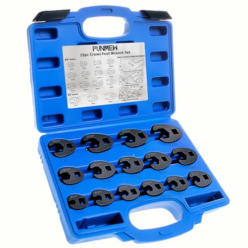 Crows Foot Wrench Set 15pc Metric Crows Foot Wrench Sizes 8mm-24mm for 3/8" and 1/2" Drive Ratchets Extenders