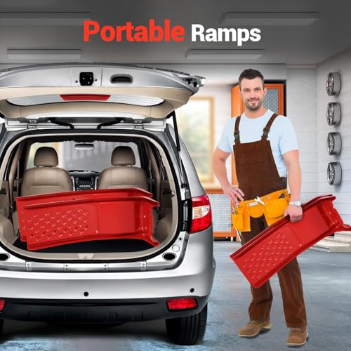Set of 2 Heavy Duty Metal Car Ramps, Automotive Ramps, with 8000 LBS Capacity, 8 Inch Max Lift, 13 Inch Wide, for Automotive Vehicle Maintenance, Oil Change, Repair Ramp, Home Garage Use, Red