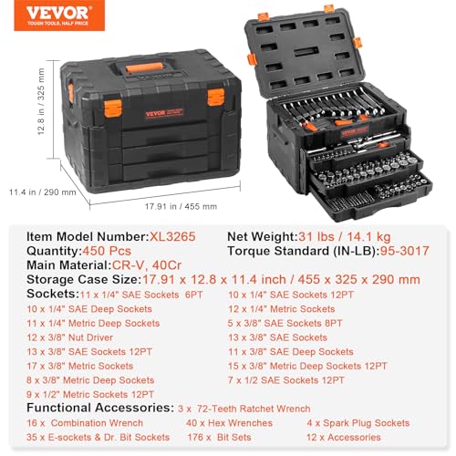 VEVOR Mechanics Tool Set and Socket Set, 1/4" 3/8" 1/2" Drive, 450 PCS | SAE and Metric Socket Wrench Set with 3-Drawer Tool Box, Tool Kit with Bits, Combination Wrench, Hex Wrenches, Accessories - size: 1/4"&3/8"&1/2", style: 450 PCS