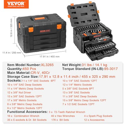 VEVOR Mechanics Tool Set and Socket Set, 1/4" 3/8" 1/2" Drive, 450 PCS | SAE and Metric Socket Wrench Set with 3-Drawer Tool Box, Tool Kit with Bits, Combination Wrench, Hex Wrenches, Accessories - size: 1/4"&3/8"&1/2", style: 450 PCS