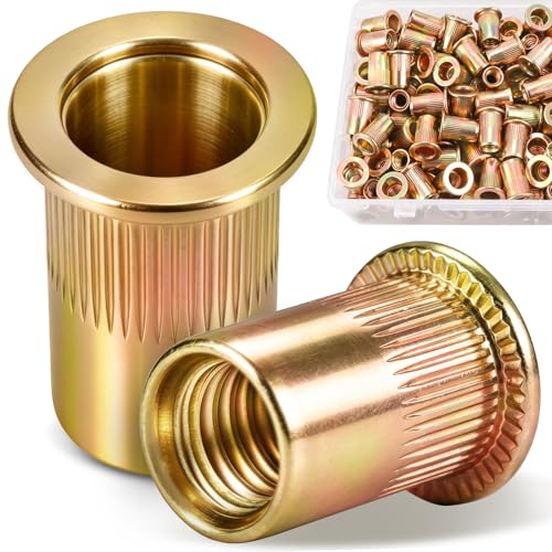 180Pcs M6 Rivet Nuts, Zinc Plated Carbon Steel Flat Head Rivnut with Knurled Body, M6-1.0 Threaded Insert Nutsert Kit for Automotive Furniture - size: M6 180pcs