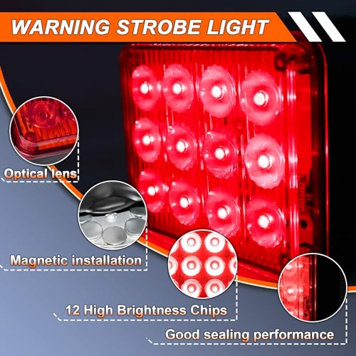 2PCS Magnetic Red Strobe Lights, Emergency Flashing Hazard Lights for Trucks Cars Vehicles, Safety Caution Beacon Rechargeable Battery Powered Wireless Warning 12 Led Light - color: Red