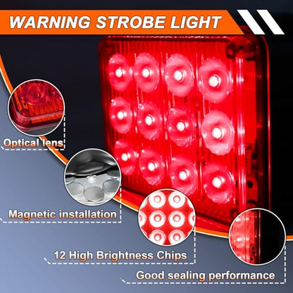 2PCS Magnetic Red Strobe Lights, Emergency Flashing Hazard Lights for Trucks Cars Vehicles, Safety Caution Beacon Rechargeable Battery Powered Wireless Warning 12 Led Light - color: Red