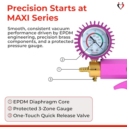 LeLuv Maxi Vacuum Pump - Manual Hand Vacuum (0-30 Hg, 0-760 mmHg) with Ergonomic Nylon Handle, Release Valve, & Rubber Protected Pressure Gauge (1/8" NPT), Compatible with LeLuv Pump Series - Purple - color: Purple