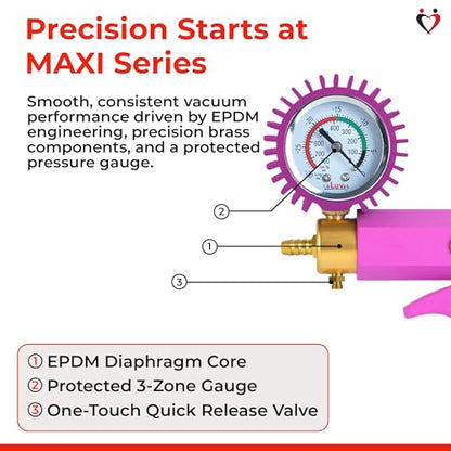 LeLuv Maxi Vacuum Pump - Manual Hand Vacuum (0-30 Hg, 0-760 mmHg) with Ergonomic Nylon Handle, Release Valve, & Rubber Protected Pressure Gauge (1/8" NPT), Compatible with LeLuv Pump Series - Purple - color: Purple