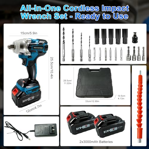 Cordless Impact Wrench, 1/2 Inch Brushless Impact Gun, 320N.m High Torque Impact Driver Set with 2 x 21V Batteries for Automotive/RV, Truck Repair & Maintenance