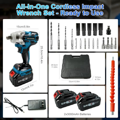 Cordless Impact Wrench, 1/2 Inch Brushless Impact Gun, 320N.m High Torque Impact Driver Set with 2 x 21V Batteries for Automotive/RV, Truck Repair & Maintenance