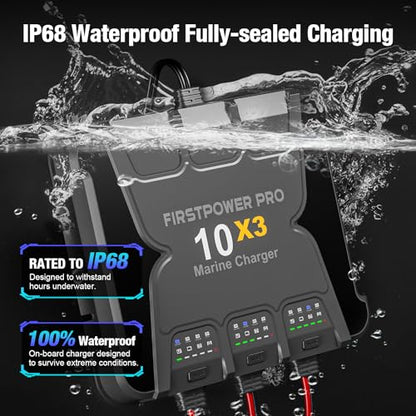 Upgraded 3 Bank Marine Battery Charger 10X3, 30A (10A/Bank) - 12V Waterproof Onboard Battery Charger, Battery Maintainer & Desulfator for SLA/AGM, Lithium (LiFePO4), Calcium & Deep-Cycle Battery - size: 3 Bank(30A)