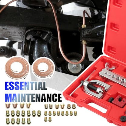25Ft 1/4 & 3/16 Brake Line Kit,Copper Plated Brake Line Repair Kit Includes Single/Double Brakes Lines Flaring Tool Kits & 32 Inverted Fittings,Professional Brakes Lines Flare Tool Kits