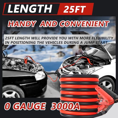 0 Gauge 25FT Jumper Cables, Heavy Duty Jumper Cables for Car Van Truck, Commercial Grade 3000AMP Automotive Booster Cables for Jump Starting Dead or Weak Batteries, With Storage Bag & Gloves - size: 0 Gauge - 25FT