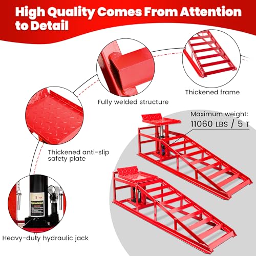 2PCS 5T 11060lbs Hydraulic Car Ramps, Heavy Duty Hydraulic Vehicle Ramps Lift Ramp, Portable Car Ramps for Oil Changes, Car Lifts for Home Garage, Vehicle Auto Garage Repair, Mens Gifts Ideas - color: Red