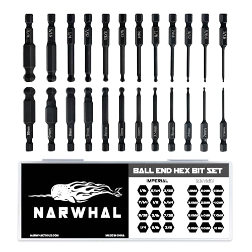 Ball End Hex Allen Wrench Drill Bit Set (24 Pack - Metric & SAE Sizes - Magnetic Tipped) - Hardened CR-MO Steel Hexagonal Bits - Perfect Replacement for Ball End Allen Wrenches & Hex Keys - style: Ball End Hex