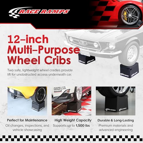 Race Ramps 2-Pack RR-WC-12 Car Wheel Cribs, Lightweight & Non-Scratch for Maintenance & Display, 12" - Portable Automotive Platform Riser for Oil Changes and Garage Use - size: 12-inch Standard